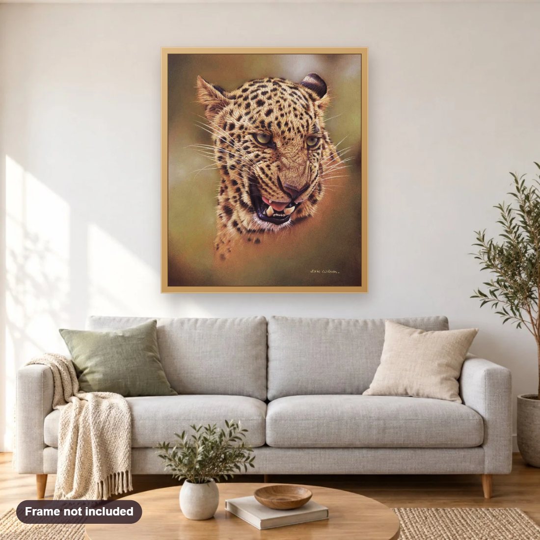 Bhagya diamond painting shown framed on a living room wall above a sofa