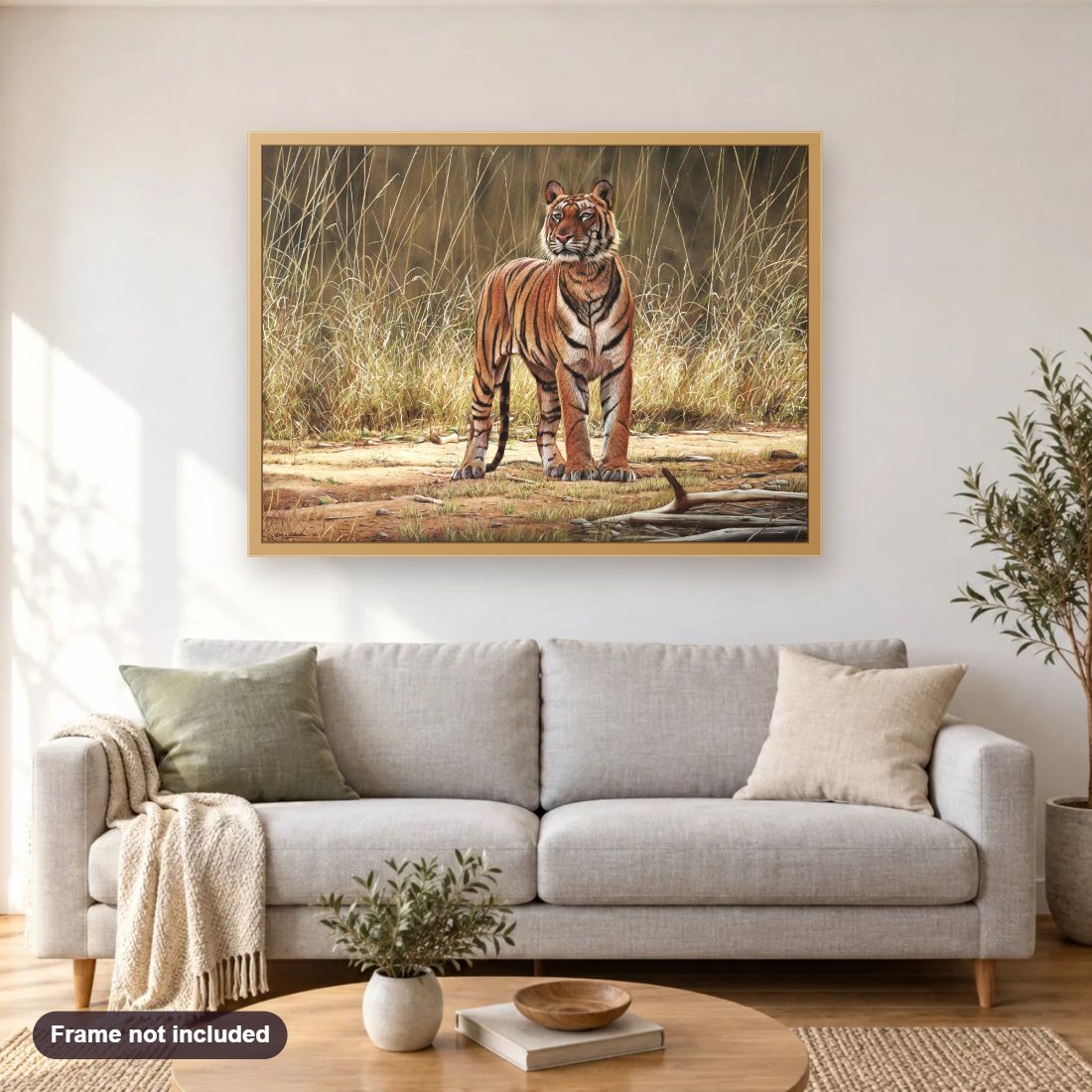Bhoka Tiger diamond painting shown framed on a living room wall above a sofa