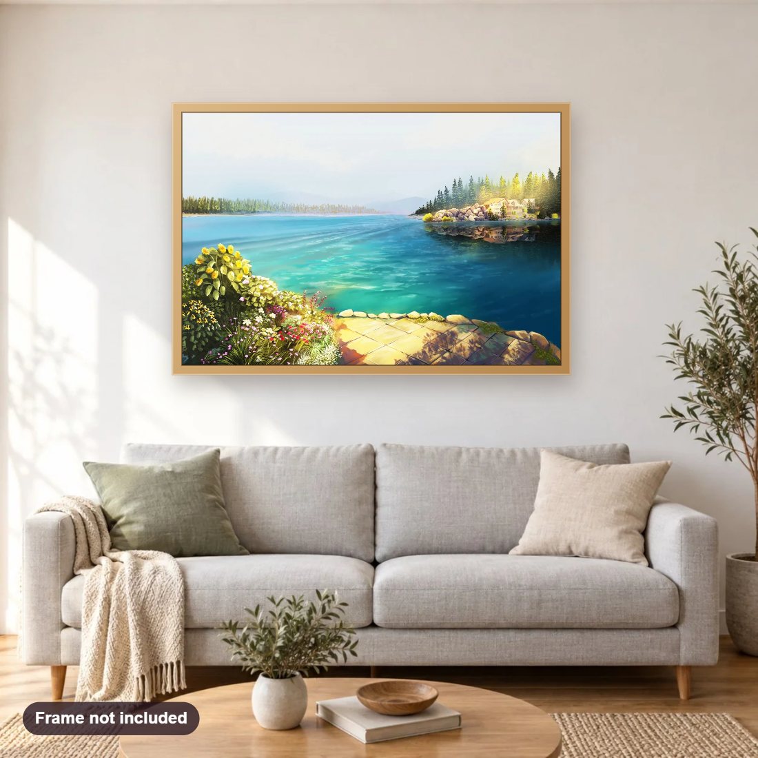 Big Bear Lake diamond painting shown framed on a living room wall above a sofa