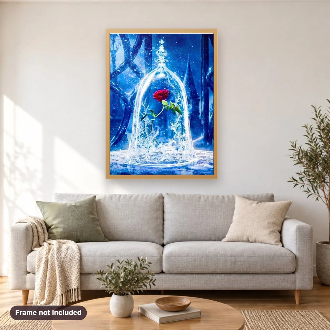 Big Beautiful Rose diamond painting shown framed on a living room wall above a sofa