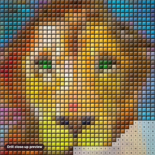 Close-up preview of the Big Lion with Colorful Hair diamond painting with square 5D drills and printed canvas symbols