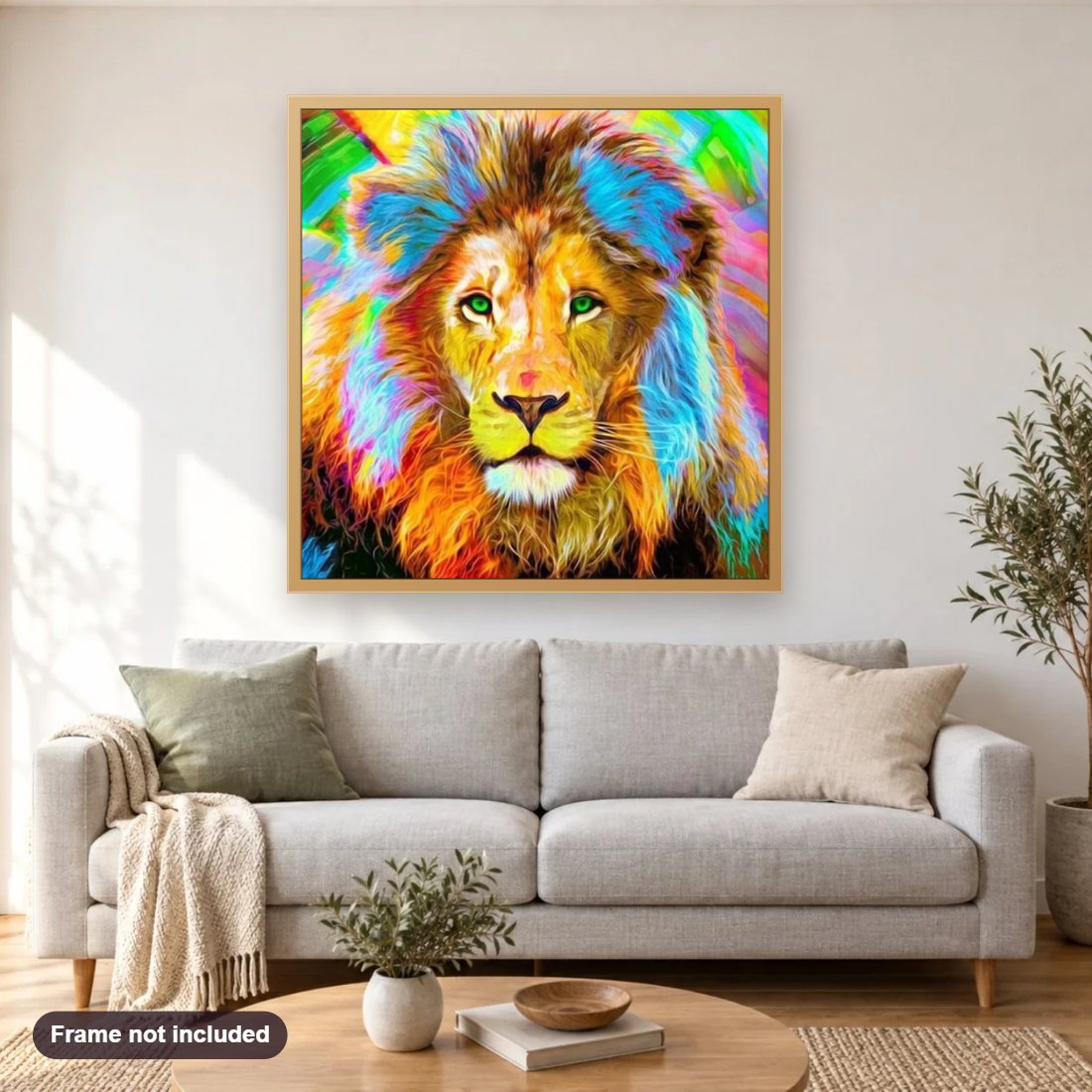 Big Lion with Colorful Hair diamond painting shown framed on a living room wall above a sofa