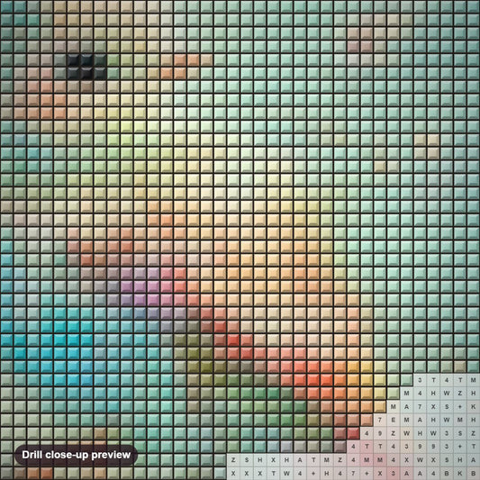Close-up preview of the Bird of Wonderland diamond painting with square 5D drills and printed canvas symbols