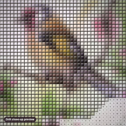 Close-up preview of the Bird Sitting on Pink Floral Branch diamond painting with square 5D drills and printed canvas symbols