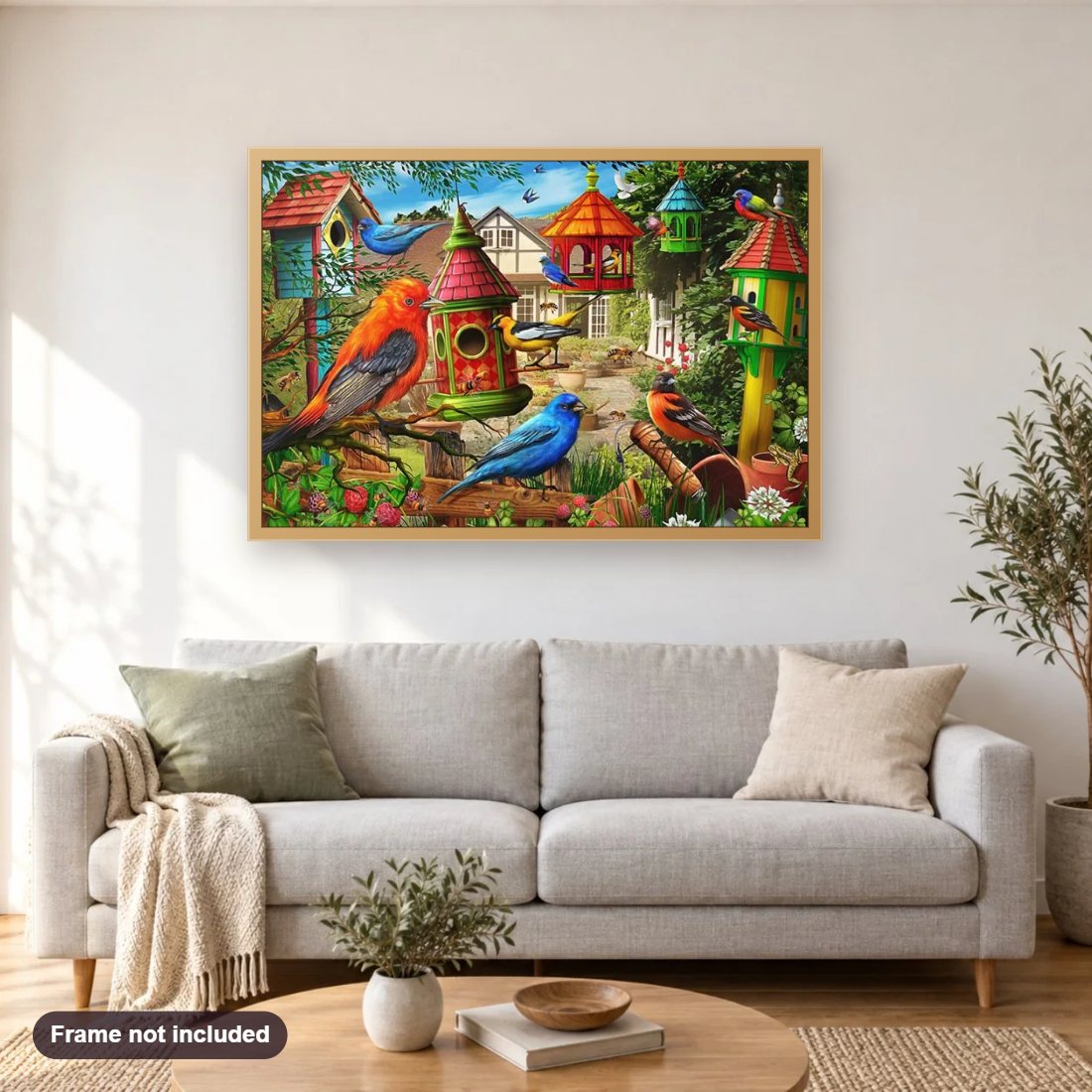 Birds Colony diamond painting shown framed on a living room wall above a sofa