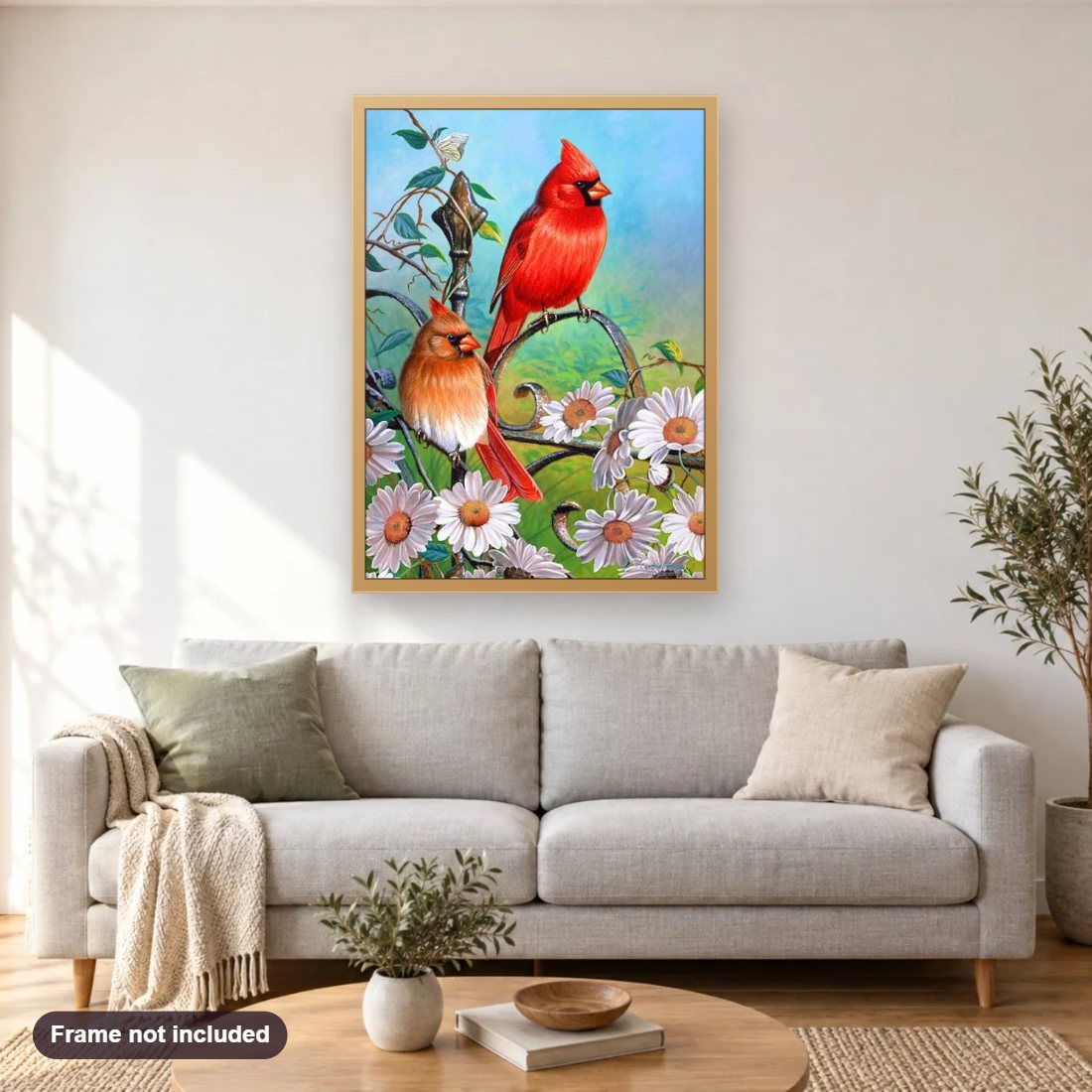Birds On Flower Gate diamond painting shown framed on a living room wall above a sofa
