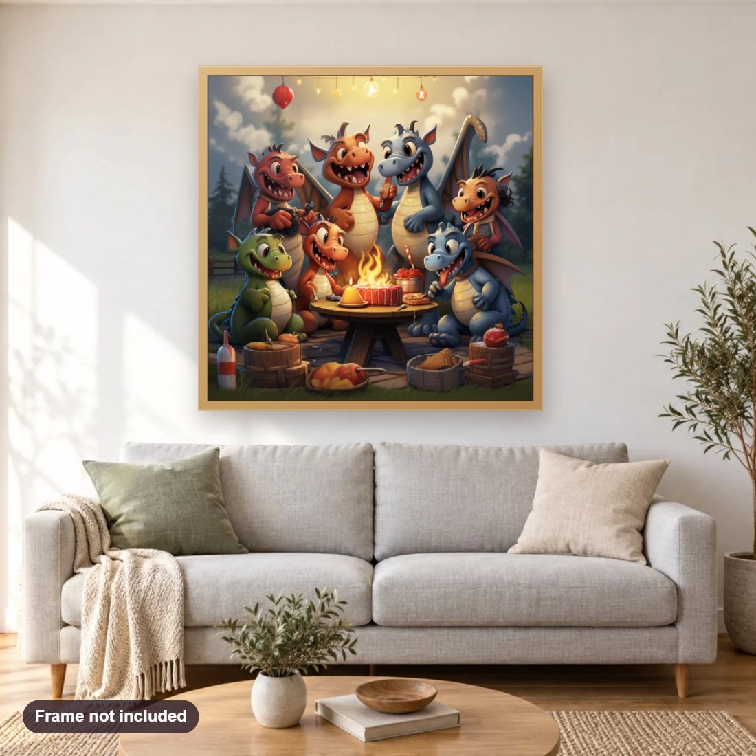 Birthday Party diamond painting shown framed on a living room wall above a sofa