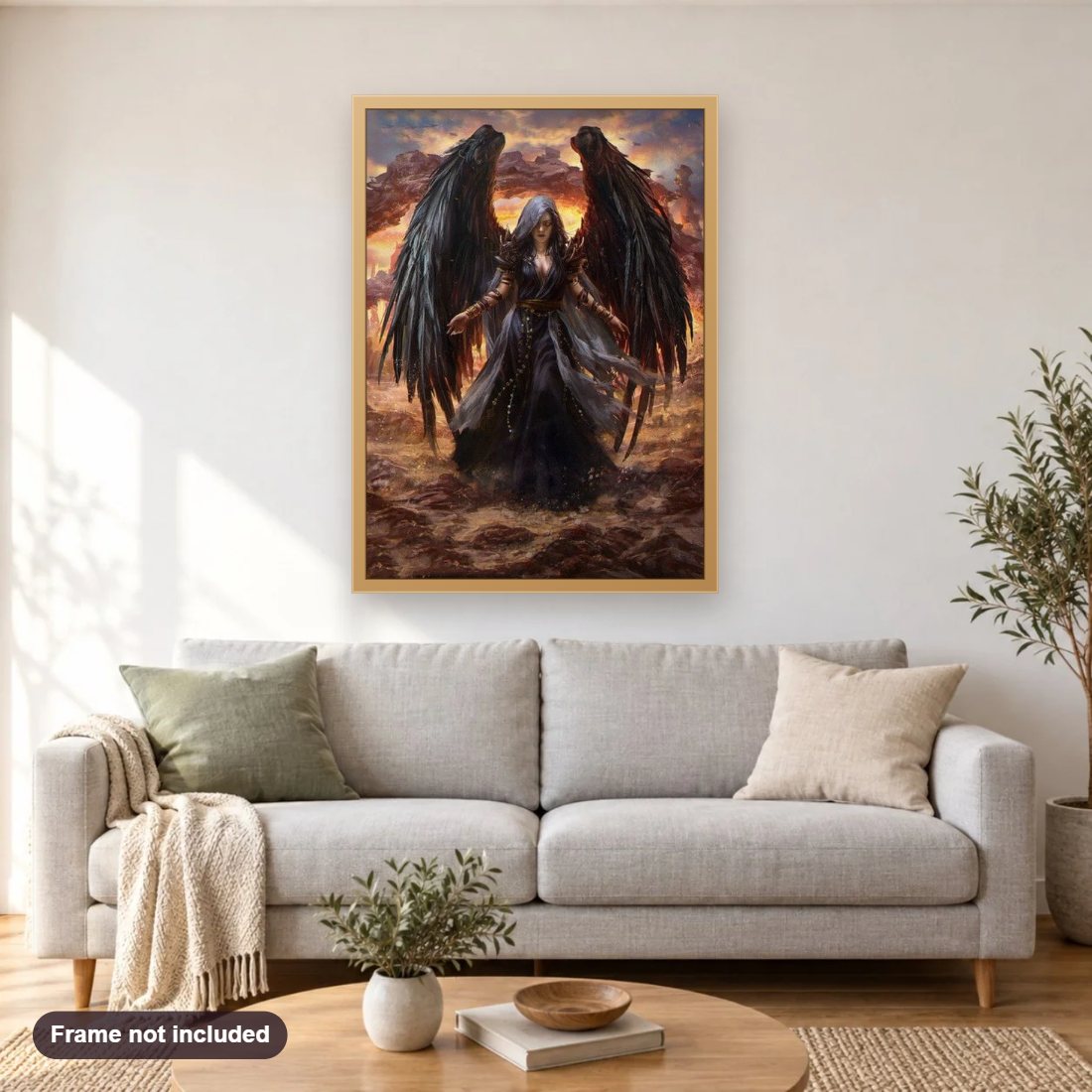 Black Angel diamond painting shown framed on a living room wall above a sofa
