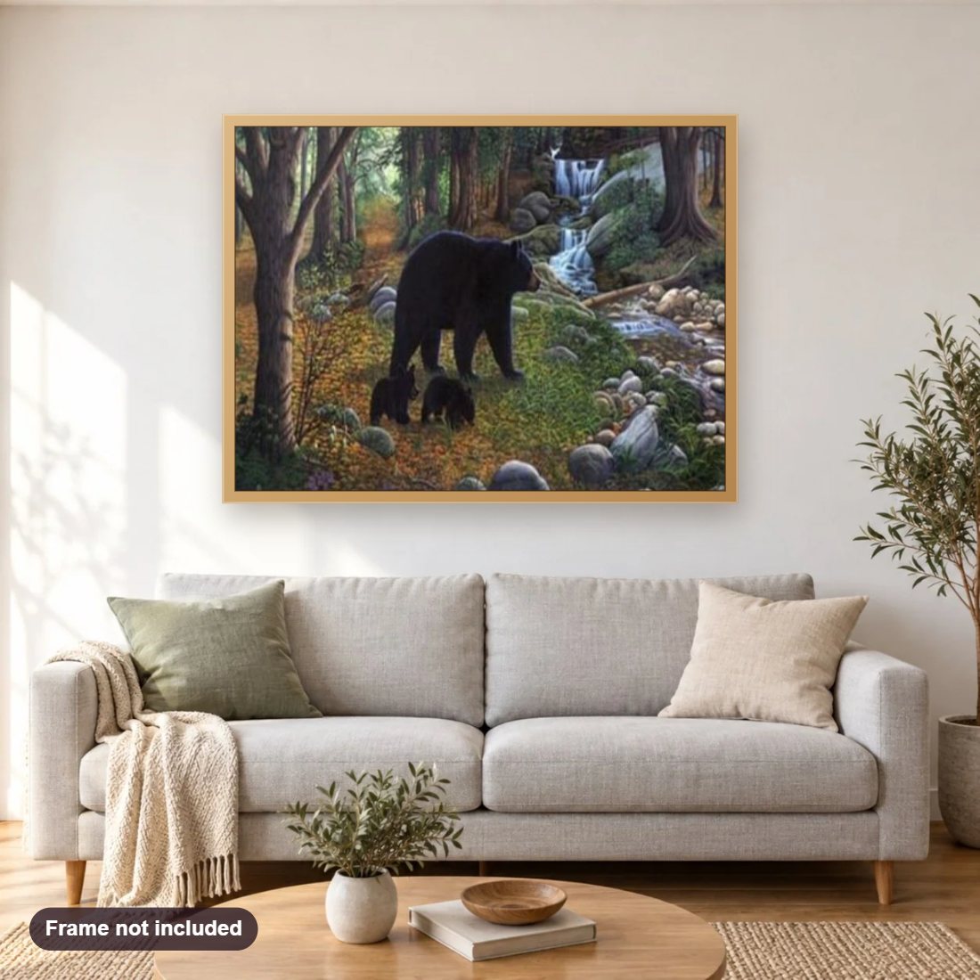 Black Bear with Babies diamond painting shown framed on a living room wall above a sofa