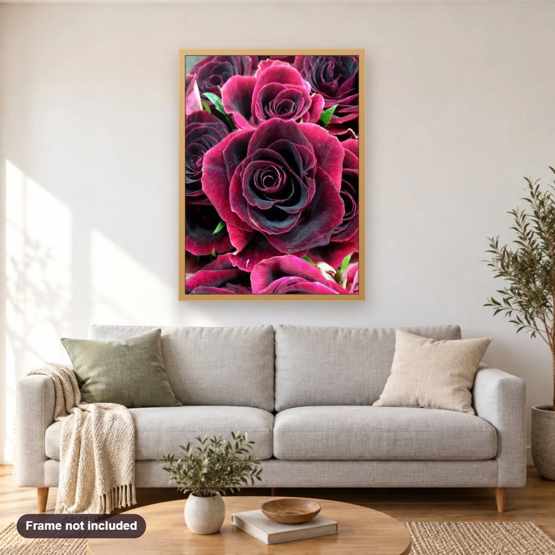 Black Beauty Rose diamond painting shown framed on a living room wall above a sofa