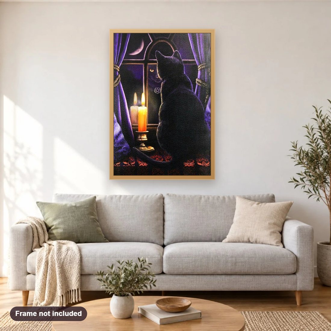 Black Cat & Candle in the Window diamond painting shown framed on a living room wall above a sofa