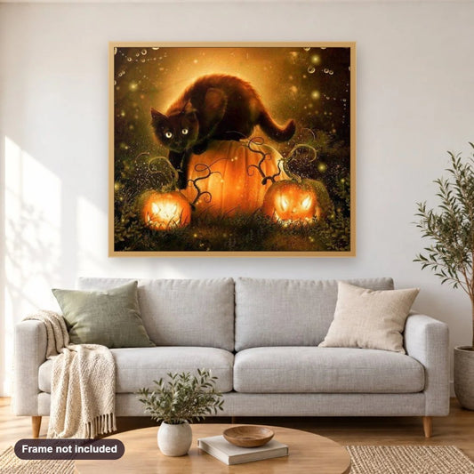 Black Cat & Halloween Pumpkins diamond painting shown framed on a living room wall above a sofa