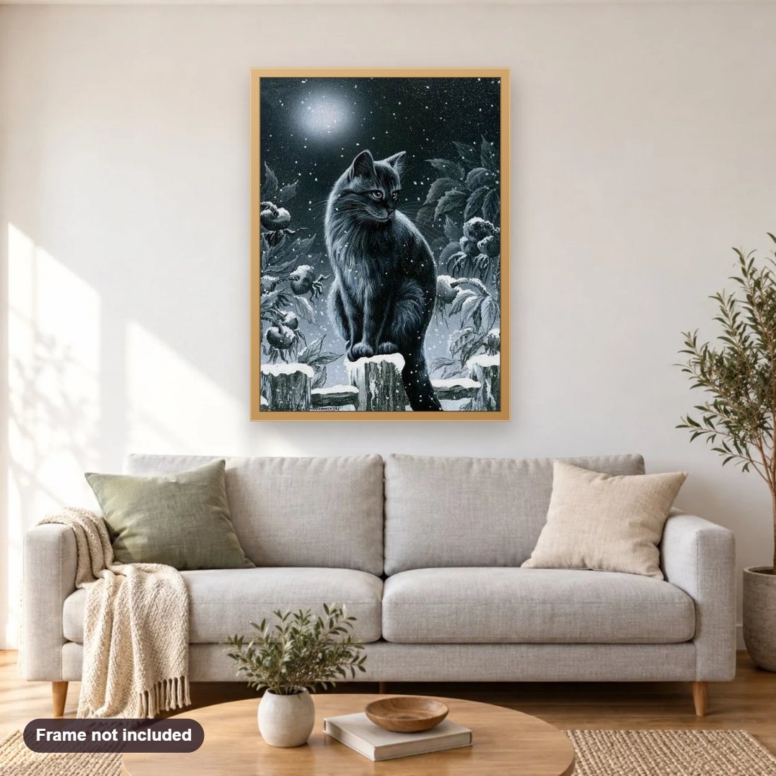 Black Cat in the Night diamond painting shown framed on a living room wall above a sofa