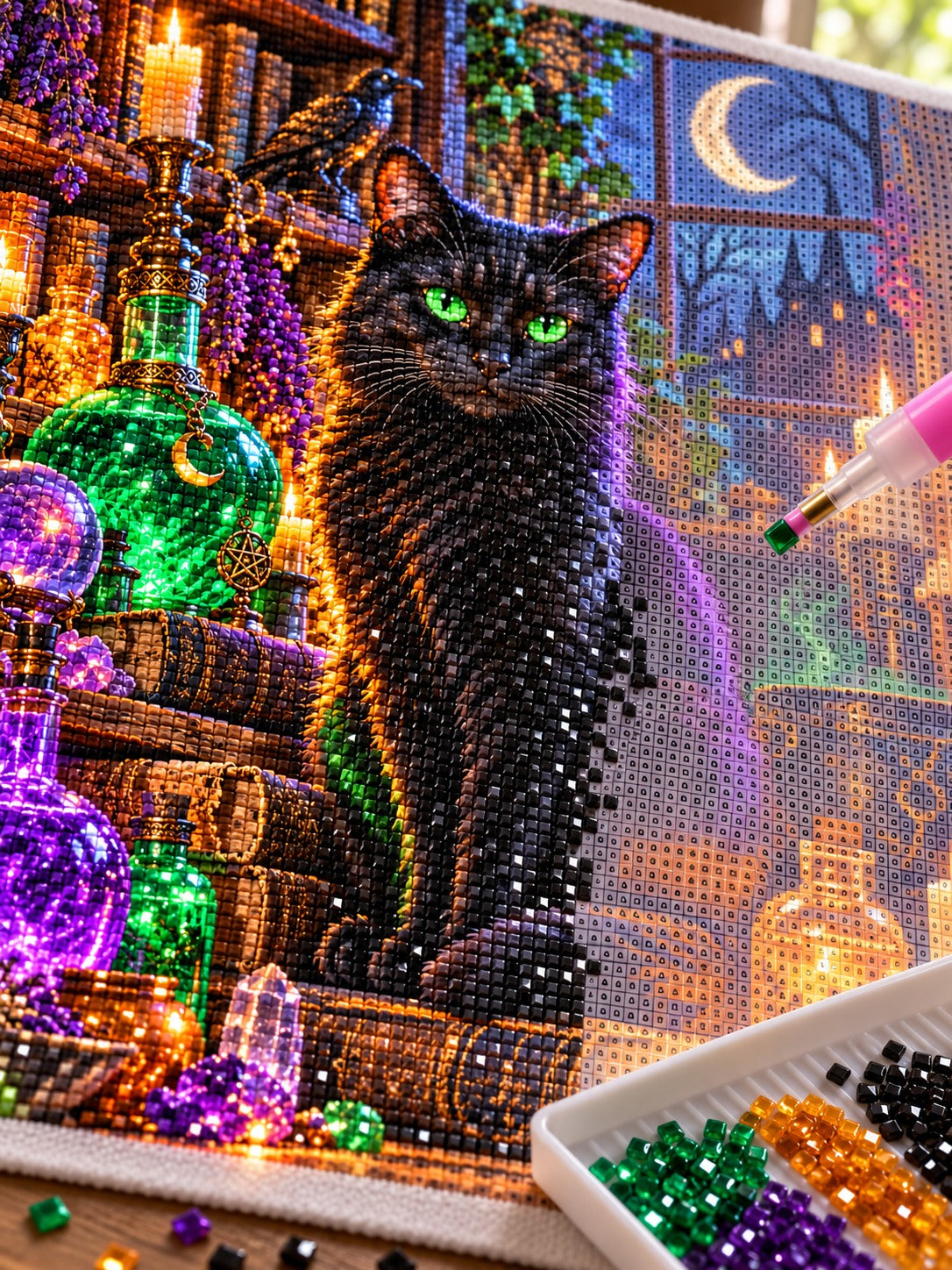 Close-up of the black cat on a witch's glowing potion shelf diamond painting in progress, square resin drills, wax pen and drill tray