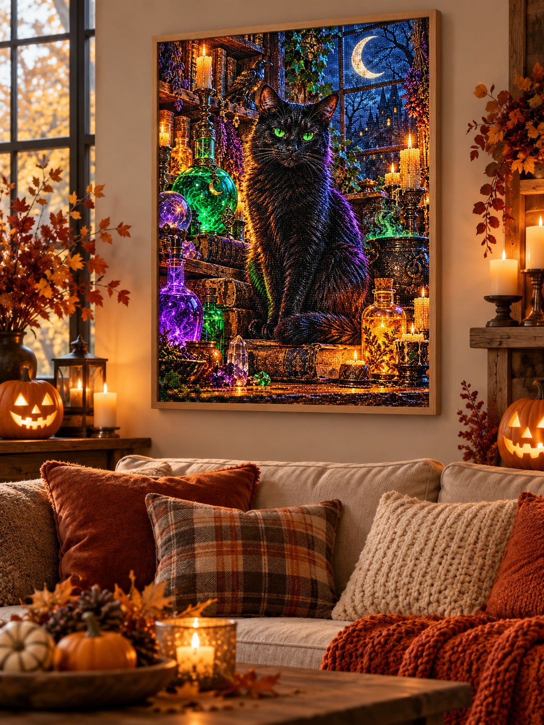 Finished black cat on a witch's glowing potion shelf diamond painting in a light oak frame hanging in a cozy living room decorated for autumn and Halloween