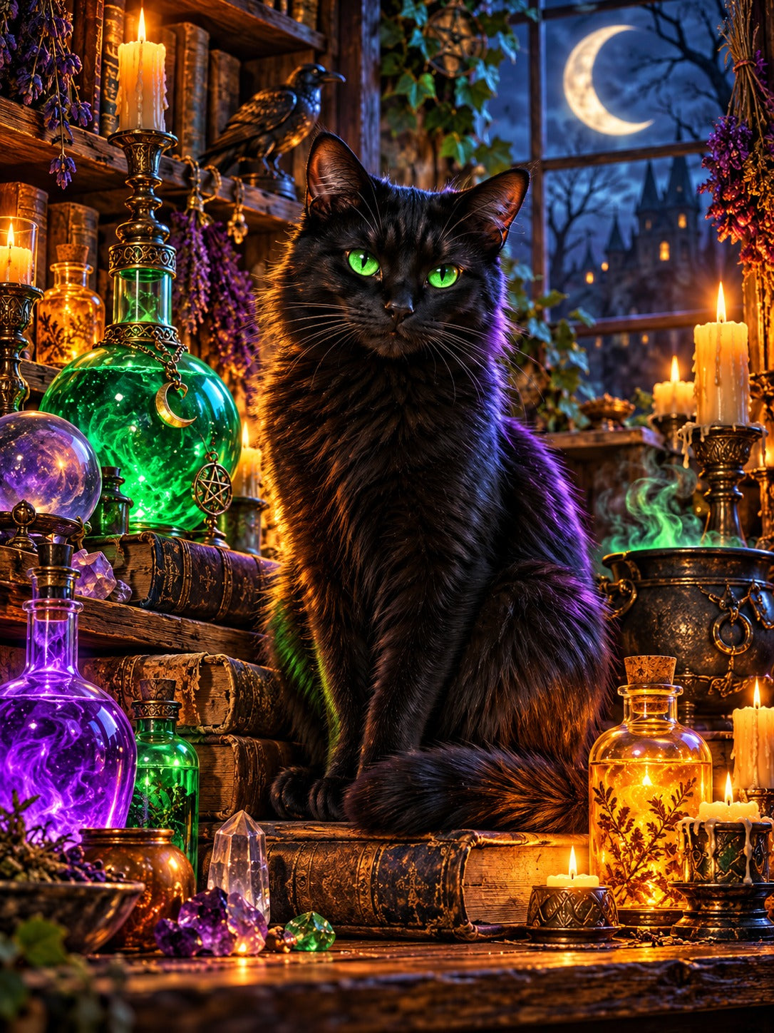 Black cat on a witch's glowing potion shelf, Halloween diamond painting kit by All Diamond Painting