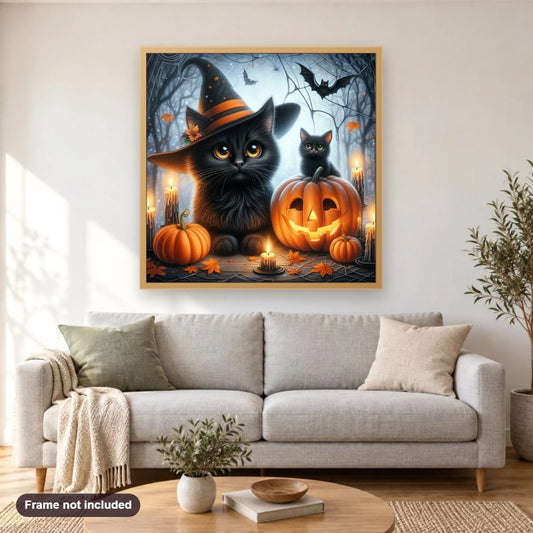 Black Cat’s Halloween Forest diamond painting shown framed on a living room wall above a sofa