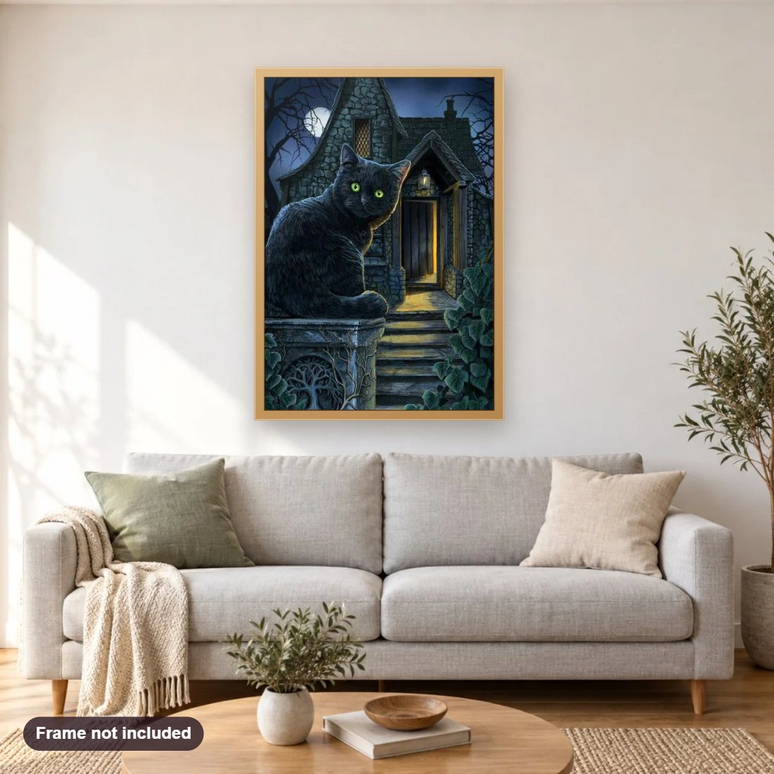 Black Cat with Green Eyes by Lisa Parker diamond painting shown framed on a living room wall above a sofa