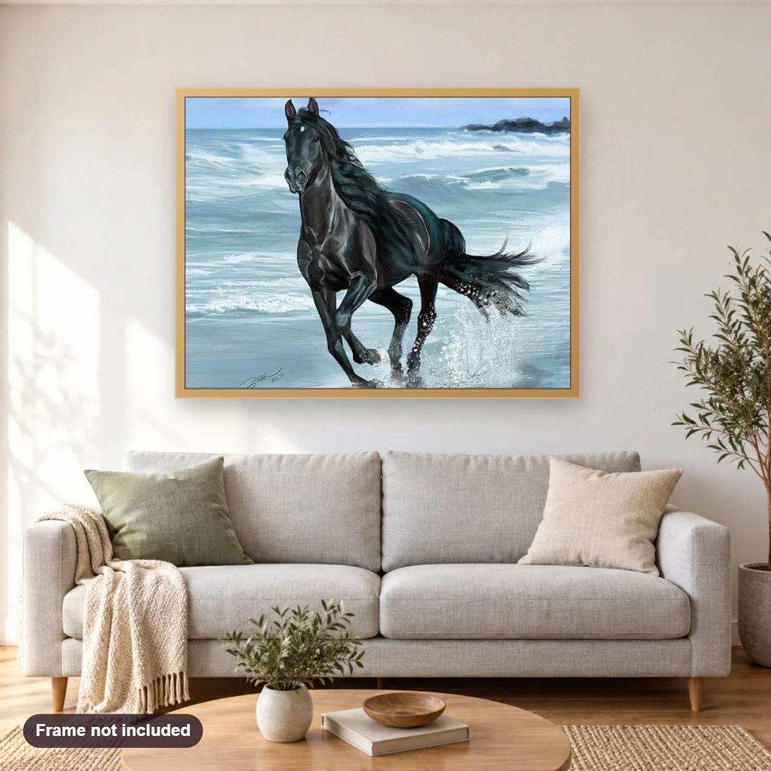 Black Horse Running in Water diamond painting shown framed on a living room wall above a sofa