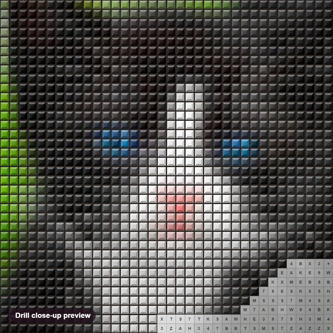 Close-up preview of the Black Kitten with Blue Eyes diamond painting with square 5D drills and printed canvas symbols