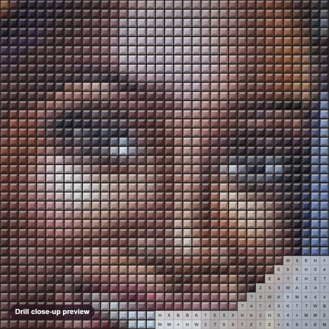 Close-up preview of the Black Lady diamond painting with square 5D drills and printed canvas symbols
