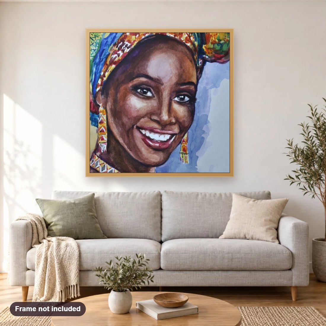 Black Lady diamond painting shown framed on a living room wall above a sofa