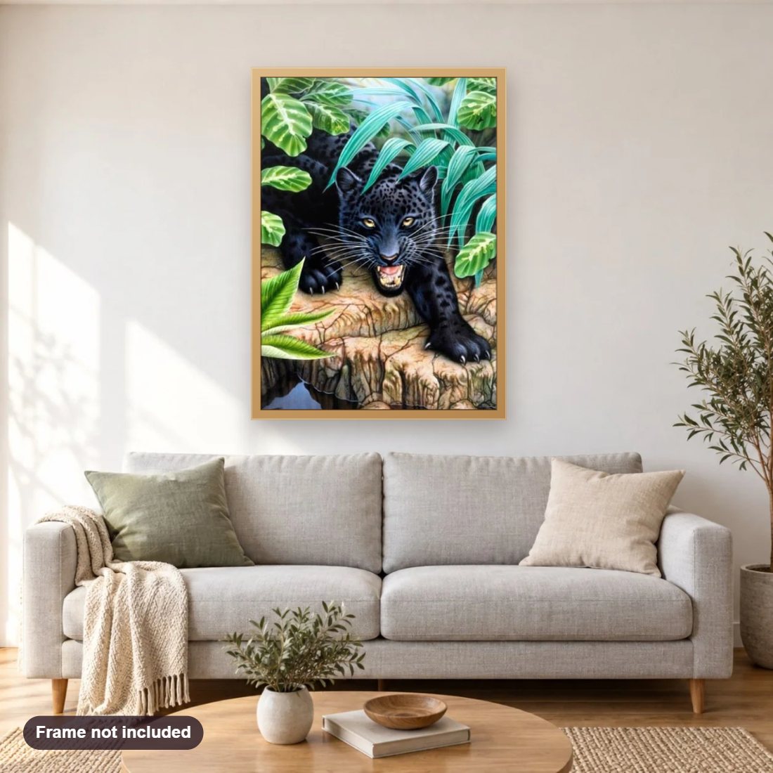 Black Leopard in the Forest diamond painting shown framed on a living room wall above a sofa