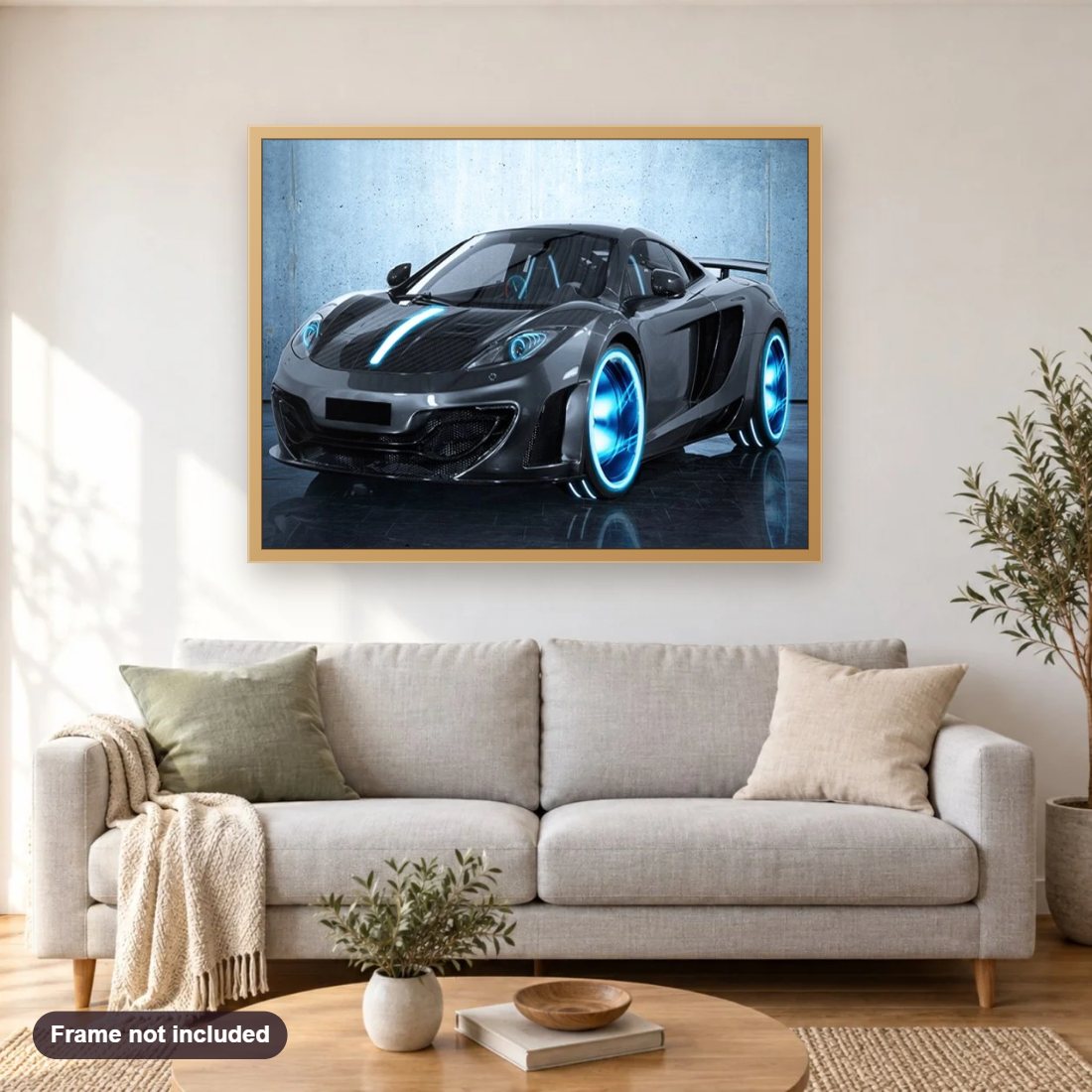 Black McLaren 12C diamond painting shown framed on a living room wall above a sofa