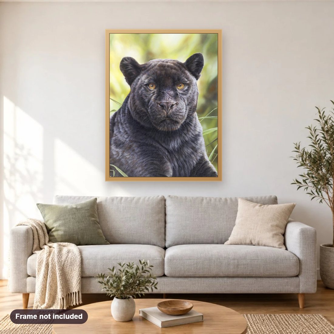 Black Panther diamond painting shown framed on a living room wall above a sofa