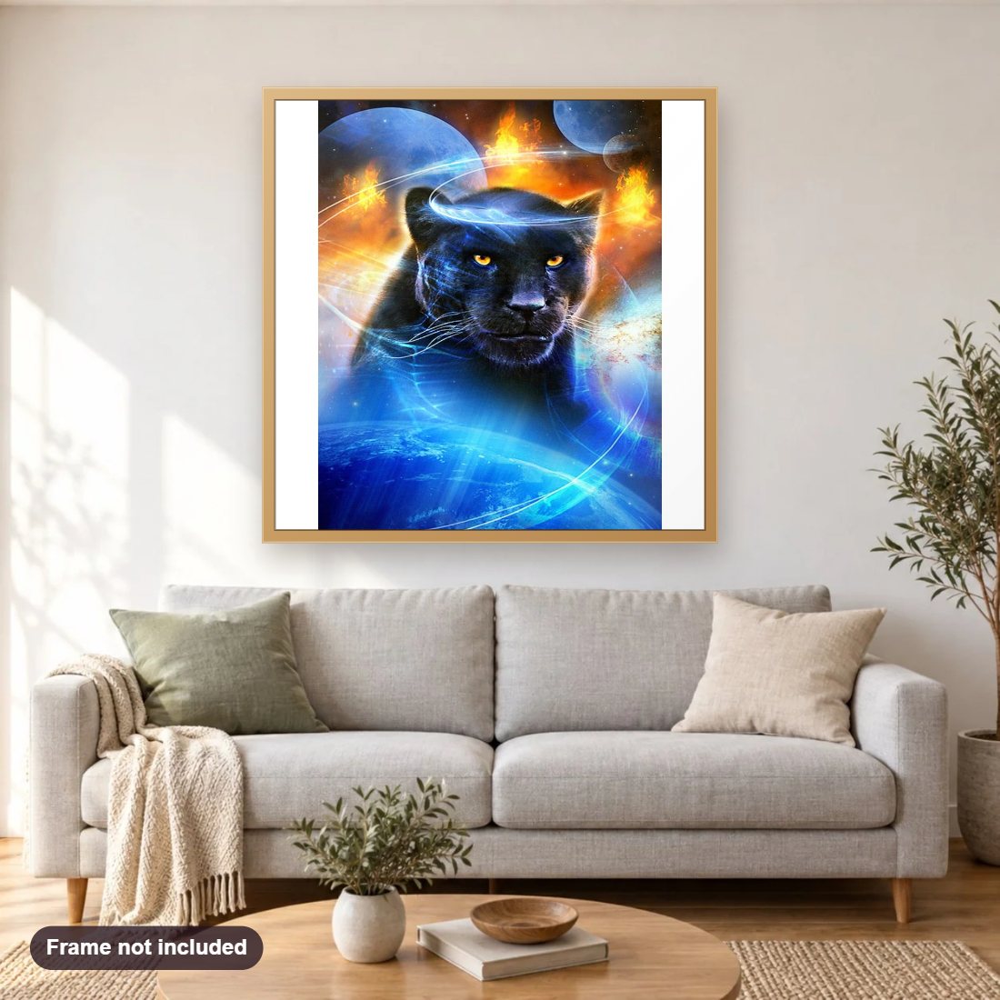Black Panther diamond painting shown framed on a living room wall above a sofa