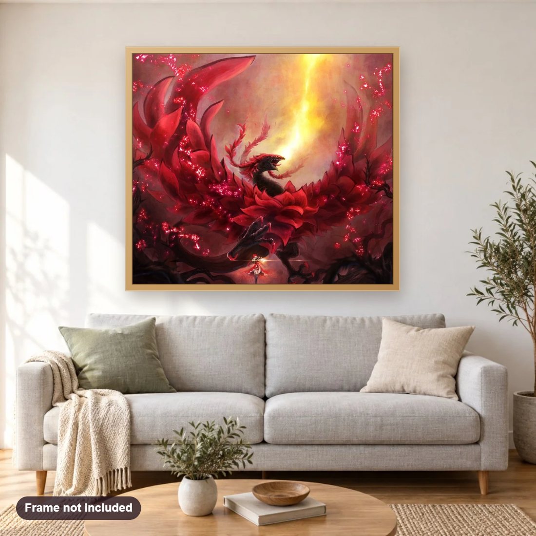 Black Rose Dragon diamond painting shown framed on a living room wall above a sofa
