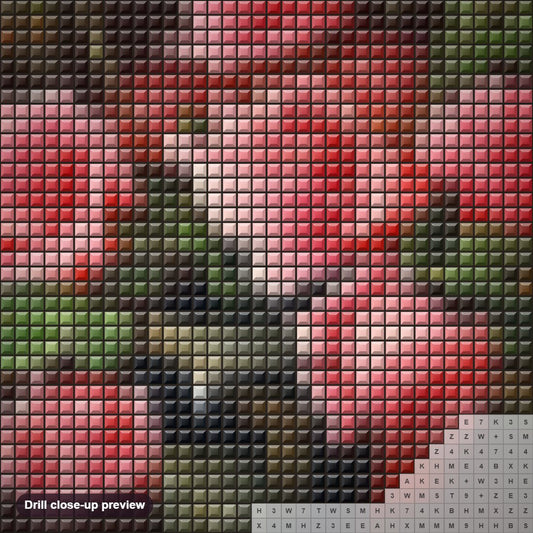 Close-up preview of the Black Vase & Pink Roses diamond painting with square 5D drills and printed canvas symbols
