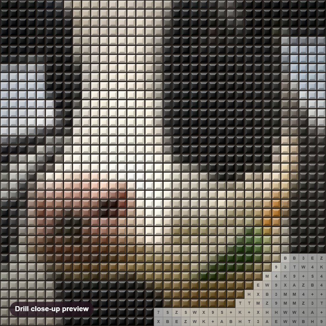 Close-up preview of the Black & White Cow diamond painting with square 5D drills and printed canvas symbols