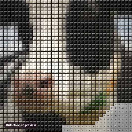 Close-up preview of the Black & White Cow diamond painting with square 5D drills and printed canvas symbols