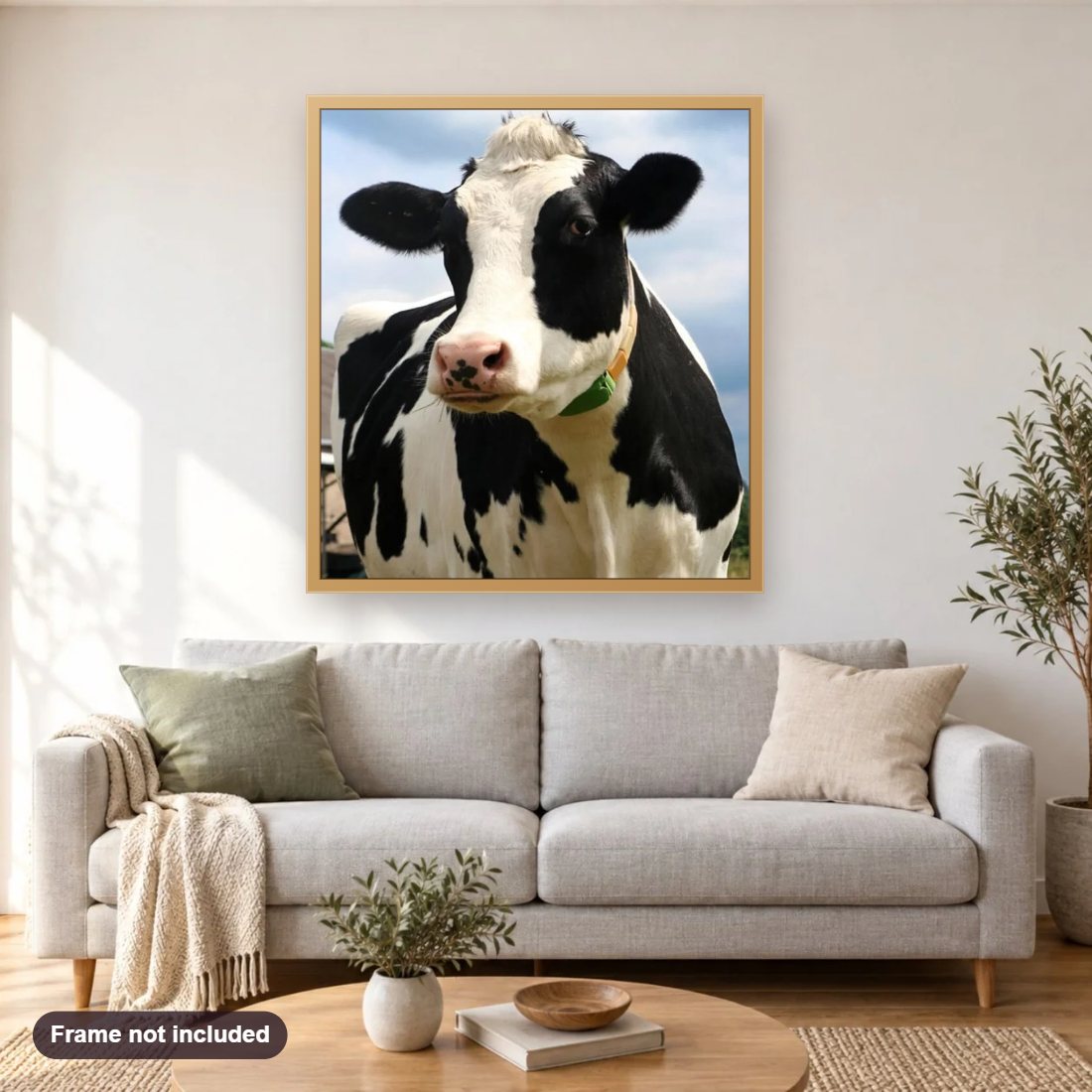 Black & White Cow diamond painting shown framed on a living room wall above a sofa