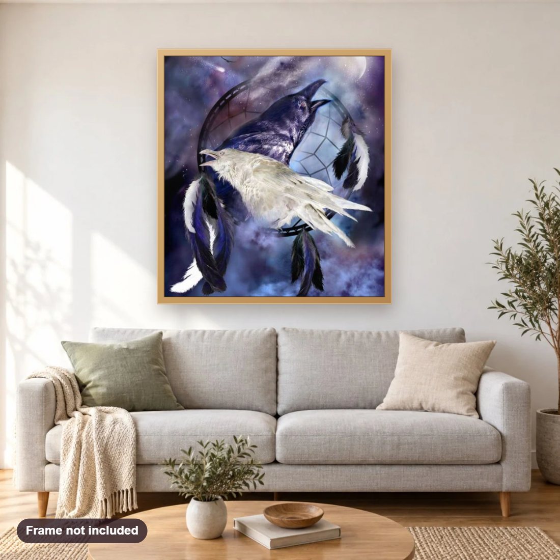 Black & White Ravens diamond painting shown framed on a living room wall above a sofa