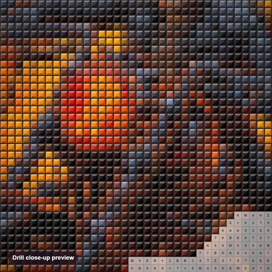 Close-up preview of the Blazing Bike diamond painting with square 5D drills and printed canvas symbols
