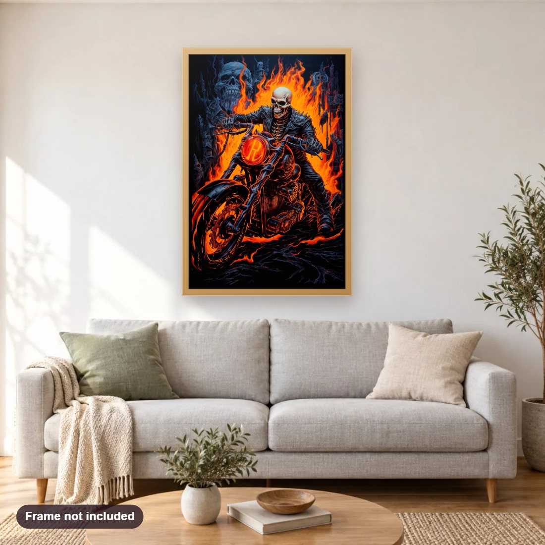 Blazing Bike diamond painting shown framed on a living room wall above a sofa
