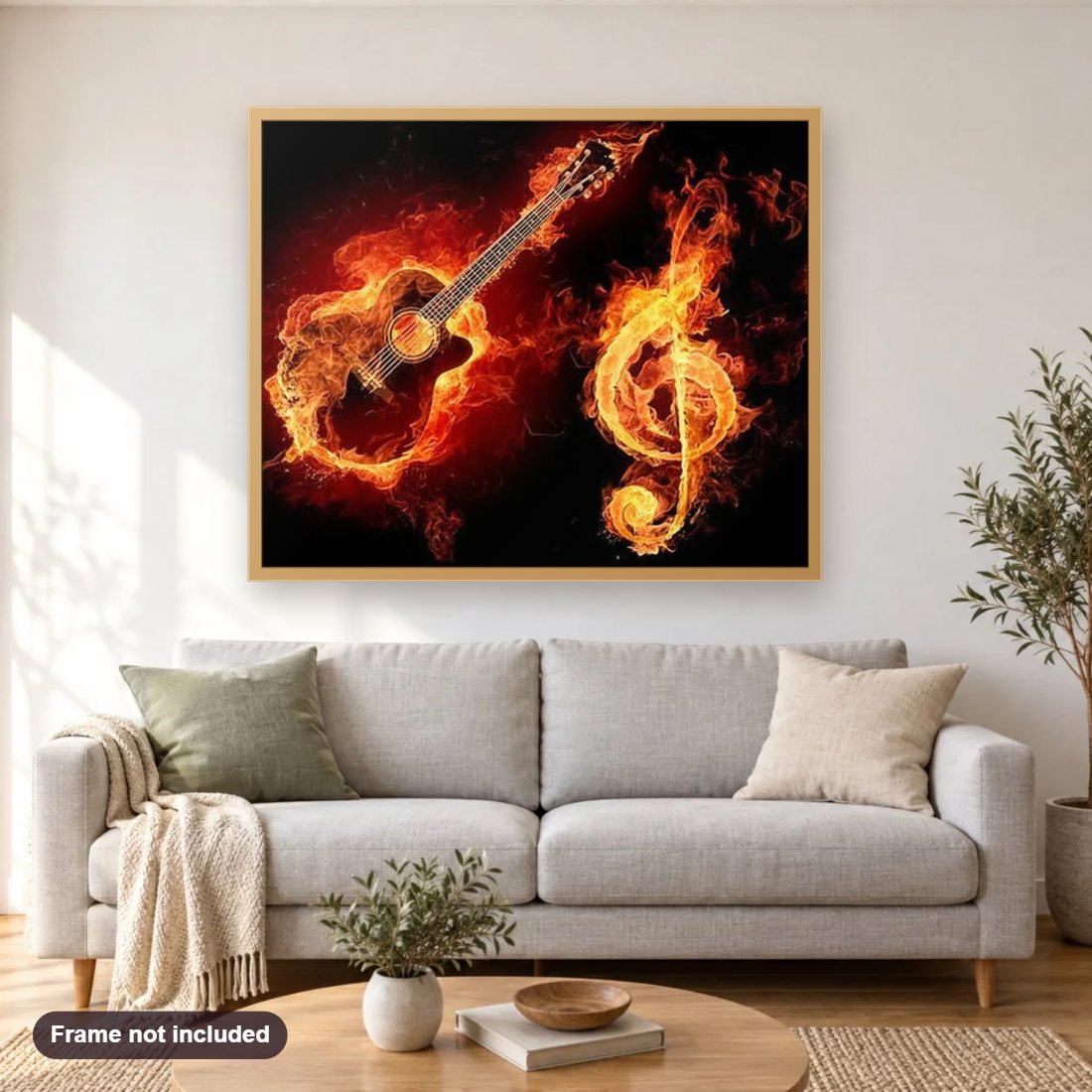 Blazing Music diamond painting shown framed on a living room wall above a sofa