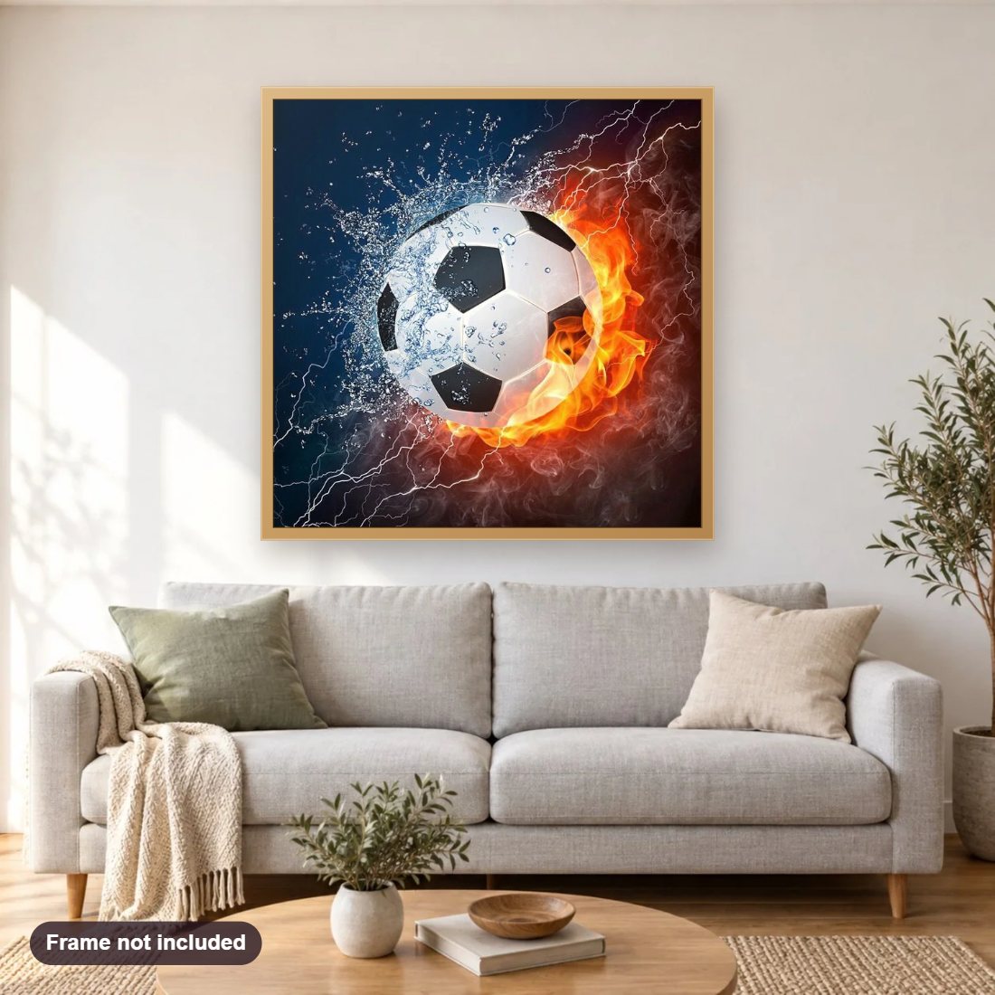 Blazing & Splashing Soccer diamond painting shown framed on a living room wall above a sofa