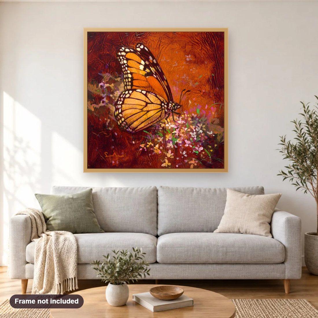 Bless the Day diamond painting shown framed on a living room wall above a sofa