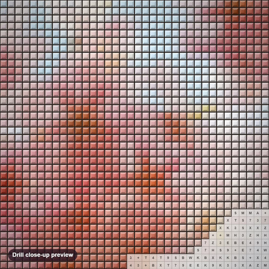 Close-up preview of the Blooming Peach Blossoms diamond painting with square 5D drills and printed canvas symbols