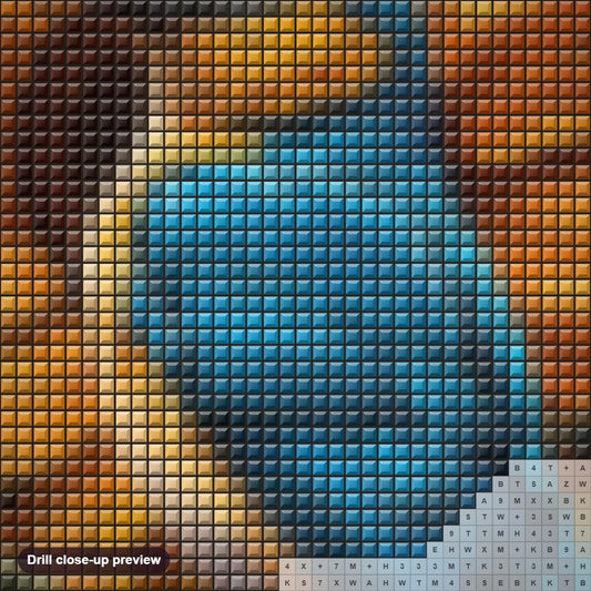 Close-up preview of the Blue Bird Among Sunflowers diamond painting with square 5D drills and printed canvas symbols