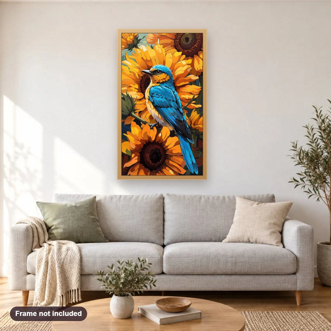 Blue Bird Among Sunflowers diamond painting shown framed on a living room wall above a sofa
