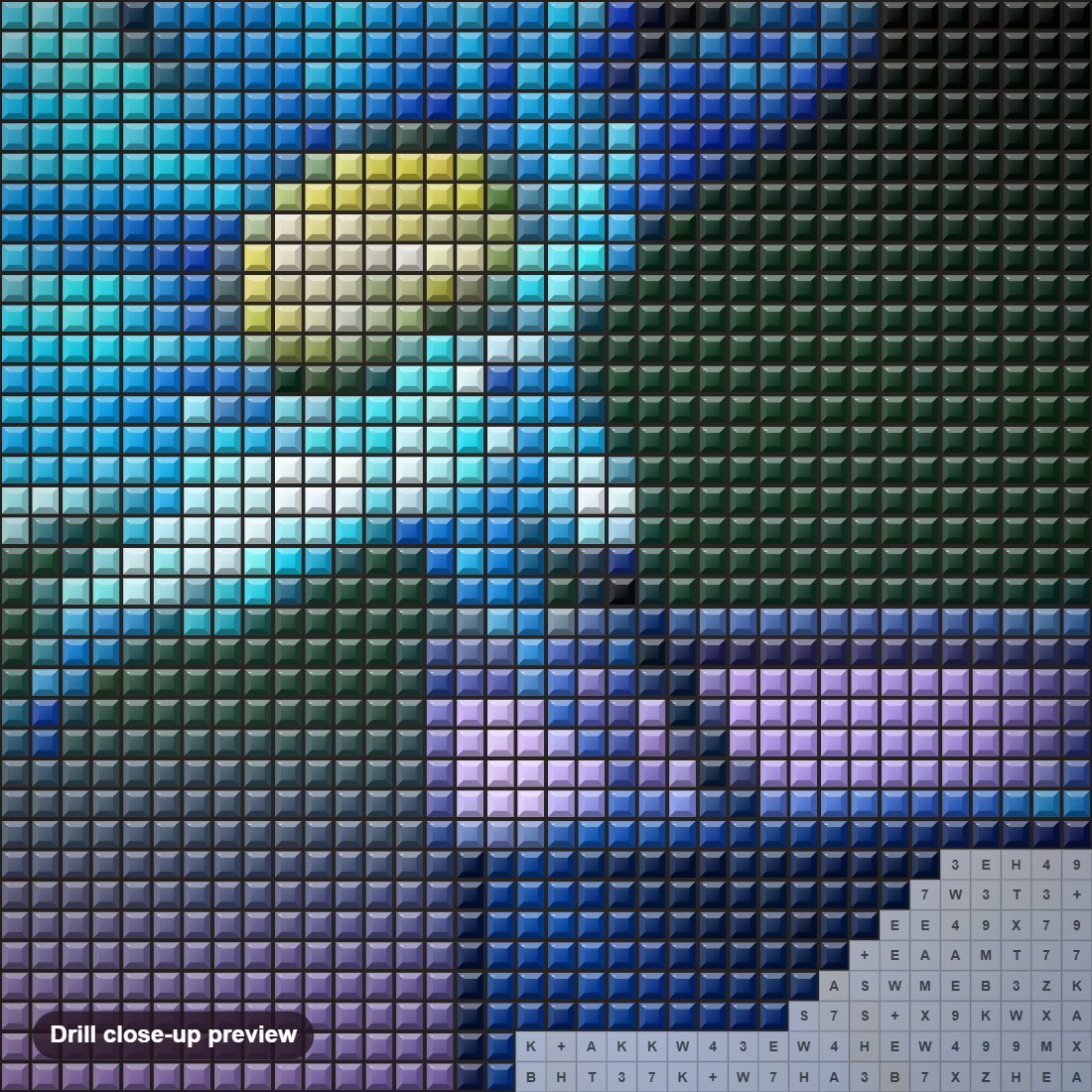 Close-up preview of the Blue Daisy in Glass diamond painting with square 5D drills and printed canvas symbols