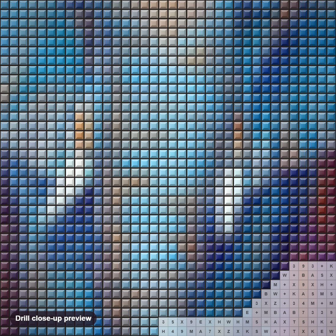Close-up preview of the Blue Elephant diamond painting with square 5D drills and printed canvas symbols