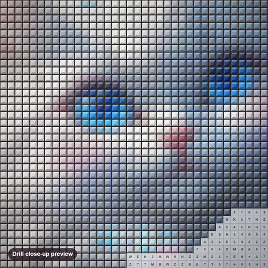 Close-up preview of the Blue Eyed Cute Cat diamond painting with square 5D drills and printed canvas symbols