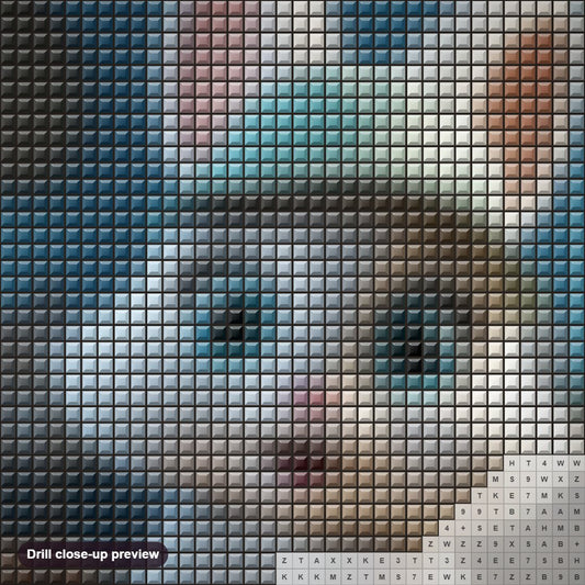 Close-up preview of the Blue Eyed Rabbit Wearing a Hat diamond painting with square 5D drills and printed canvas symbols