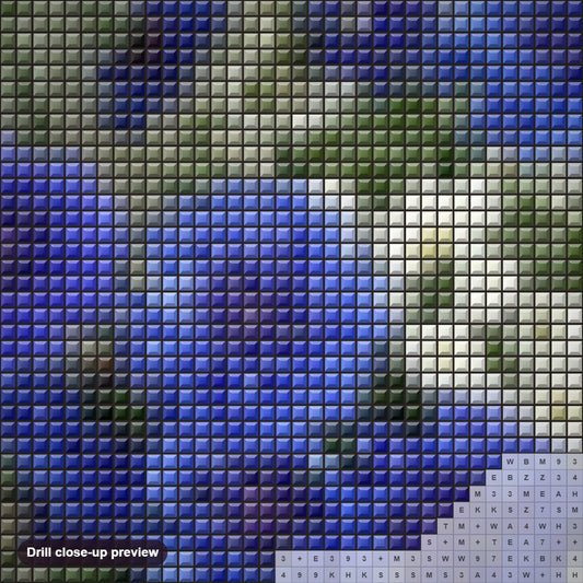Close-up preview of the Blue Flowers diamond painting with square 5D drills and printed canvas symbols