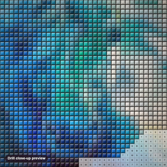 Close-up preview of the Blue Ghost Ocean Equine diamond painting with square 5D drills and printed canvas symbols